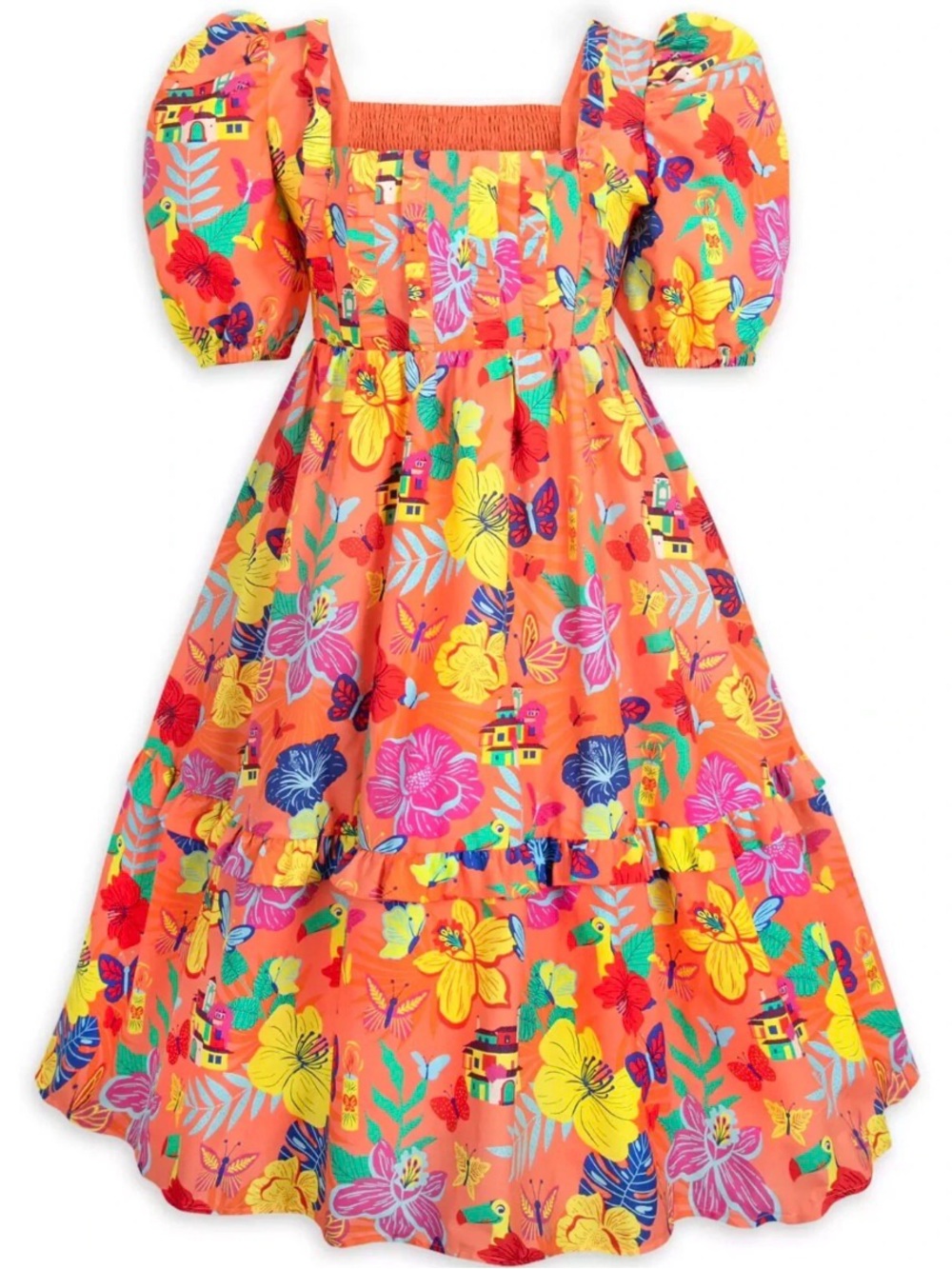 Disney Orange Tropical Floral  Puff Sleeve Encanto Dress